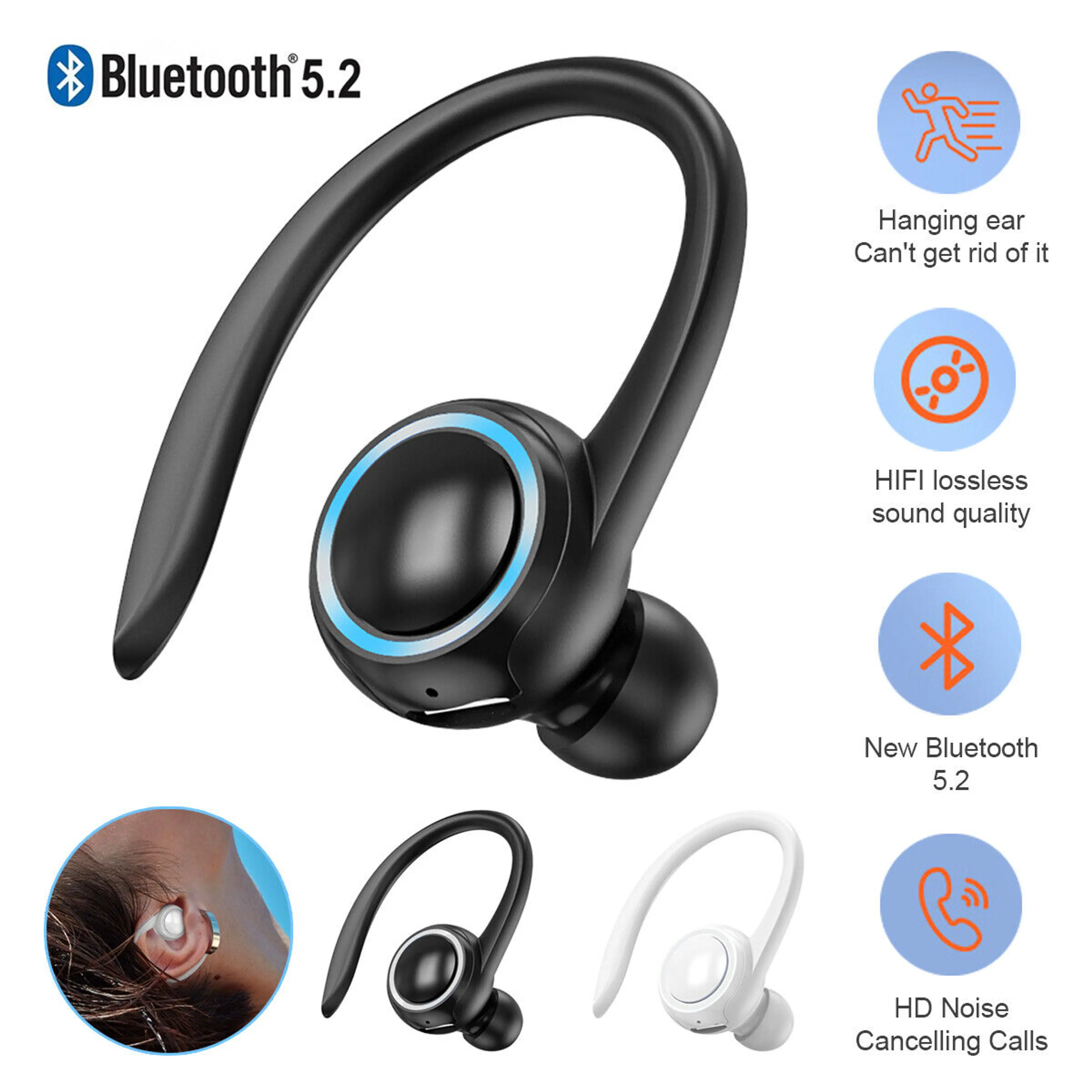 Bluetooth слушалка 5.2, Спортна, Кука за ухо, Хедсфри, Единична
