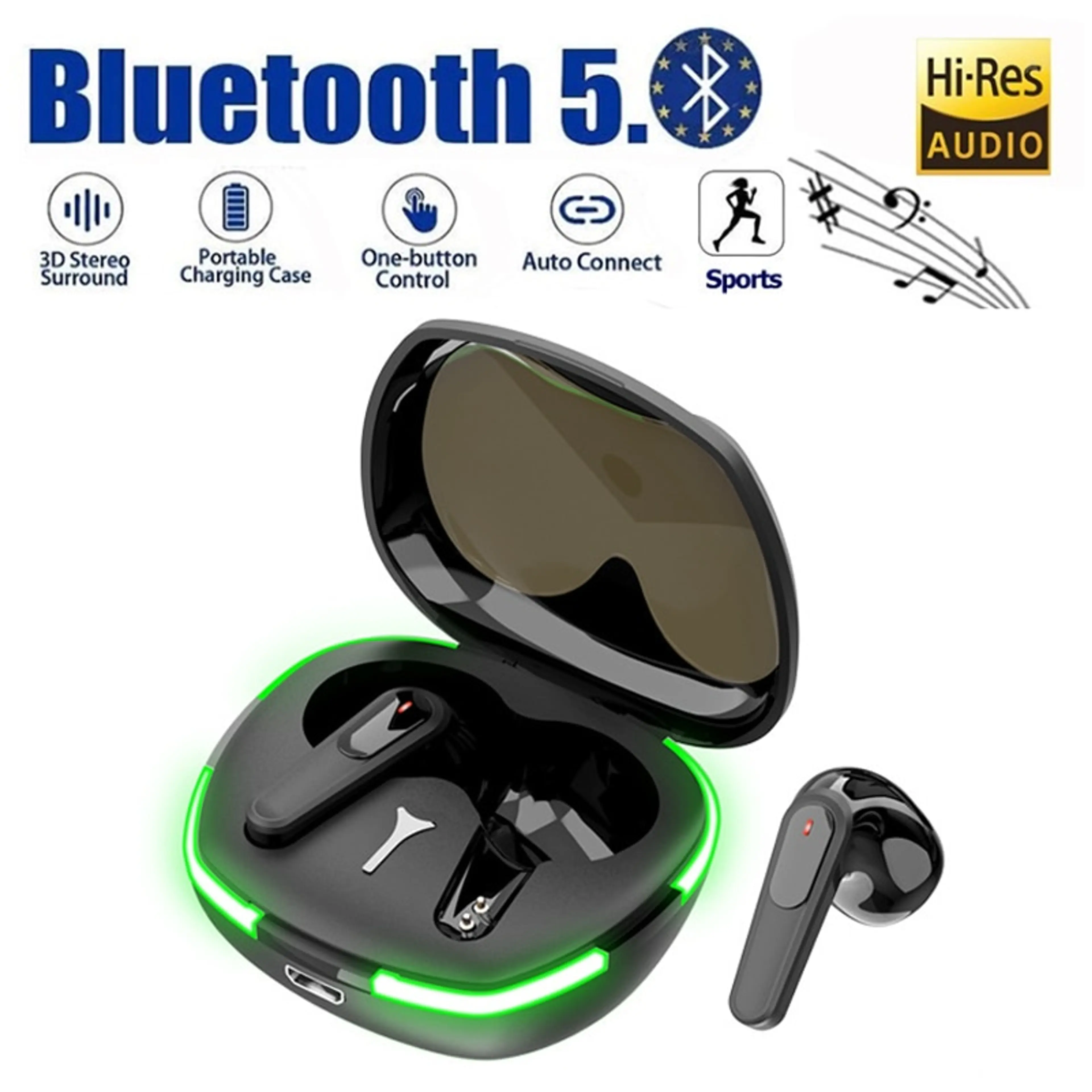 Bluetooth слушалки, Pro60, HD разговор, дишаща светлина, гласов асистент, дълъг живот на батерията, черни
