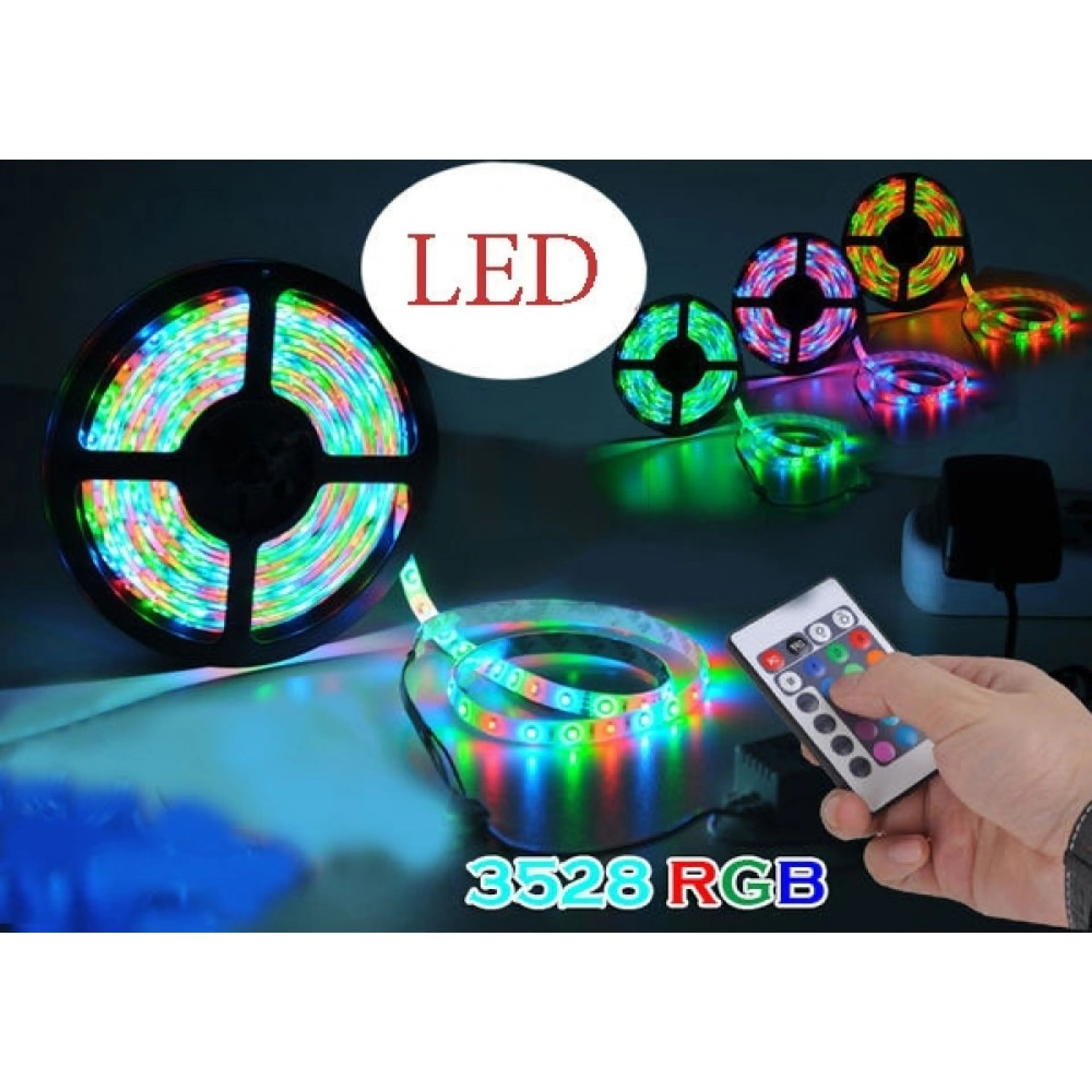 Комплект RGB LED лента, диод 3528, с дистанционно и захранване - 5 метра
