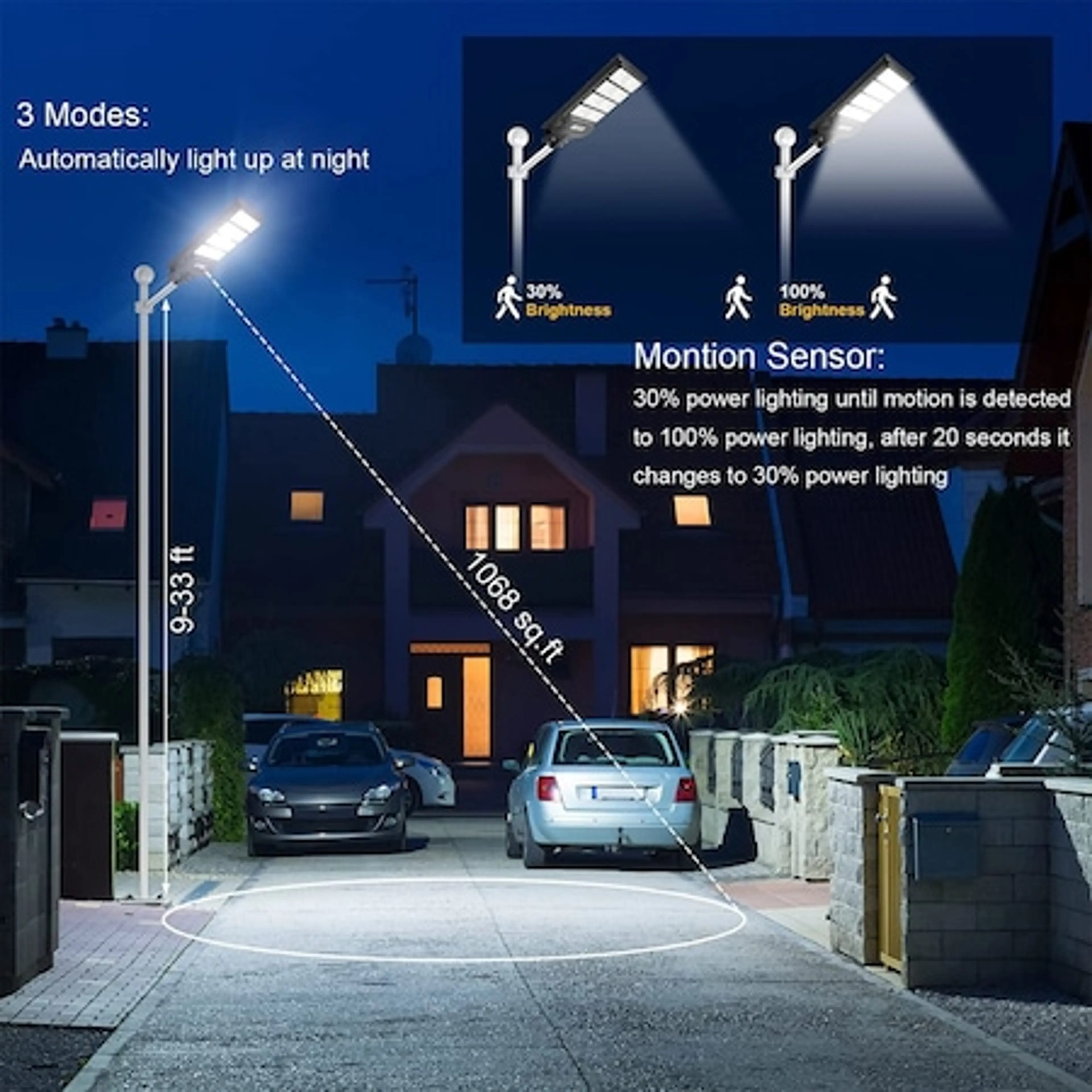 Соларна улична лампа HYT, Сензор за светлина и движение, Дистанционно управление, 72 LED COB, 3 режима на осветяване, IP65 защита, Черен