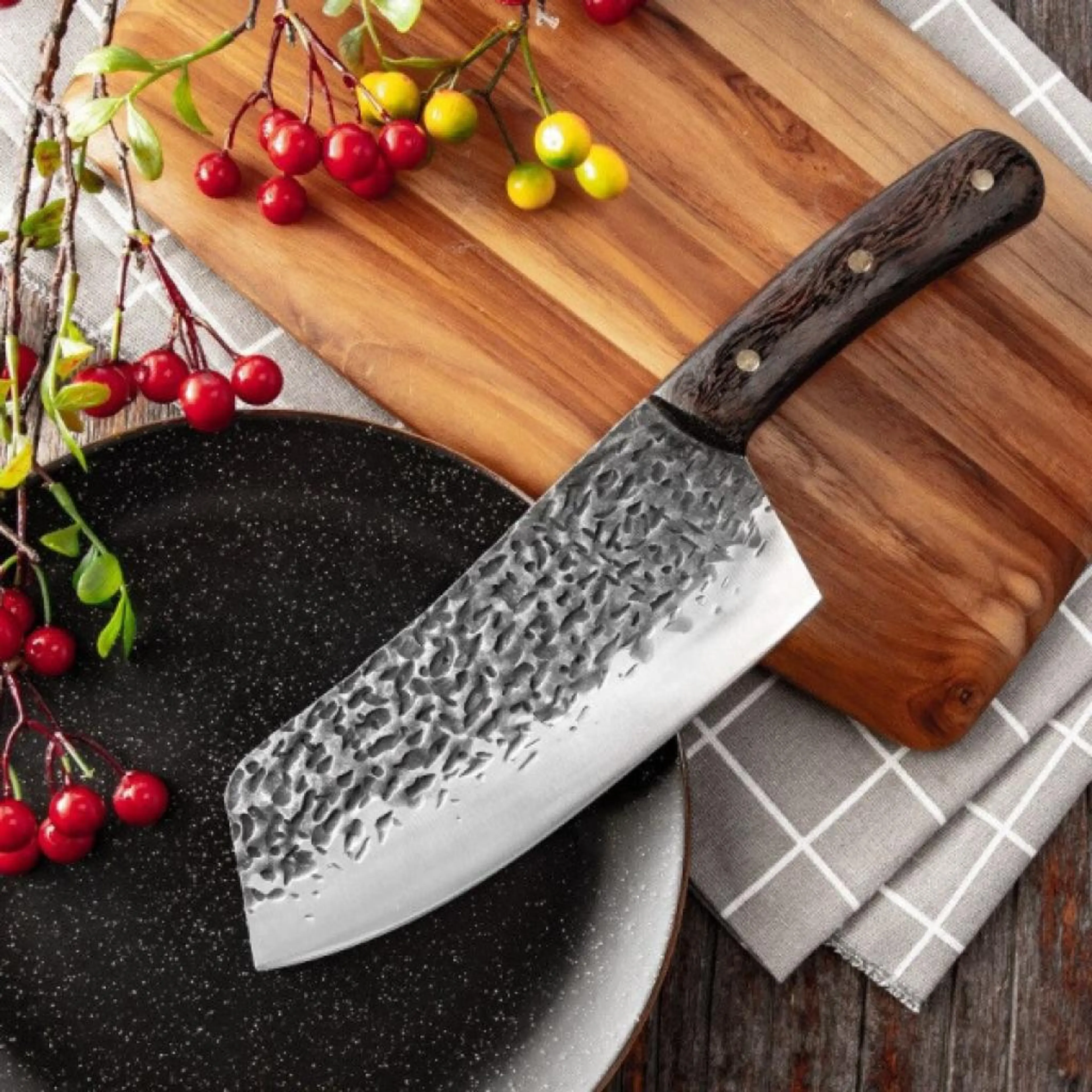 Тежък японски NAKIRI кухненски нож, фултанг, стомана 5Cr15Mov, 290 гр. дървена дръжка венге, сатър, BF23